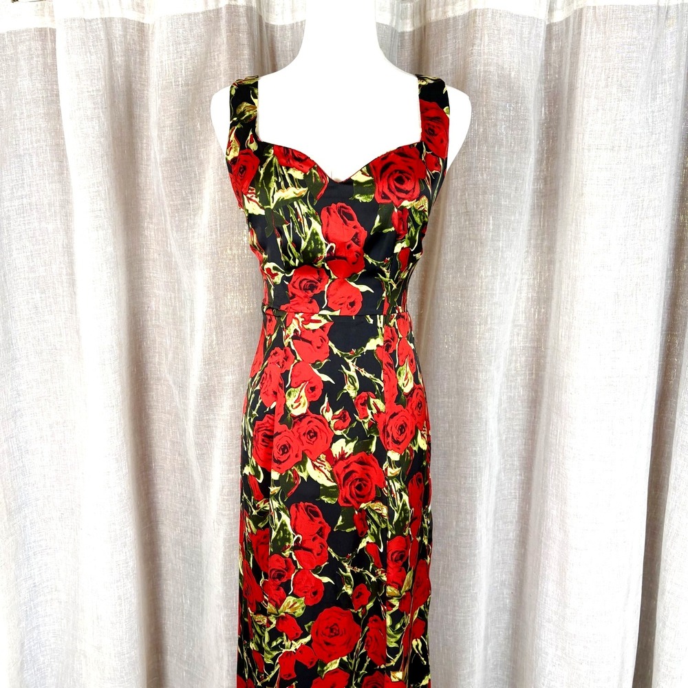 Black Red Rose Print Maxi Dress Sz S Formal Satin Sleeveless Whimsigoth Vamp